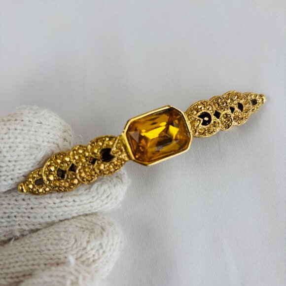 Amber Color Large Stone Barrette Gold Tone Metal Hair Clasp main image 5